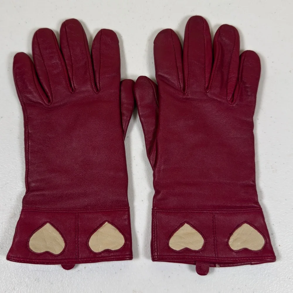 Carole Little Burgundy Leather Gloves Women Large Heart Applique Knit Lined Red